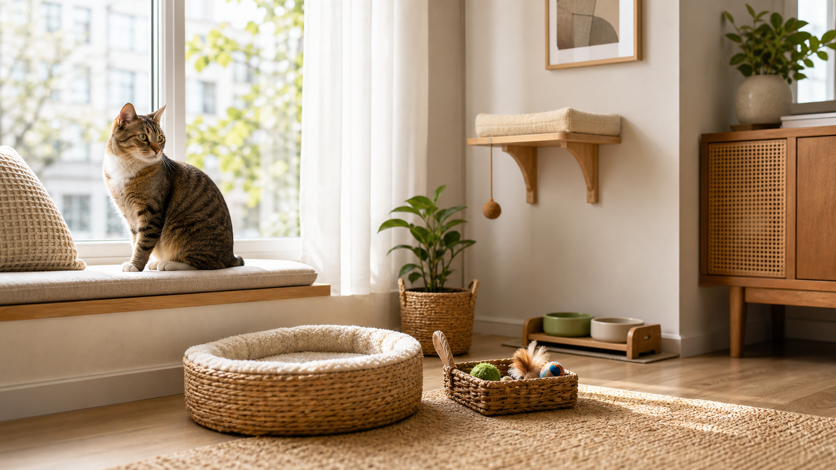 Photorealistic indoor cat sitting by a sunny window with woven cat bed, toy basket, feeding bowls, and calm modern home decor
