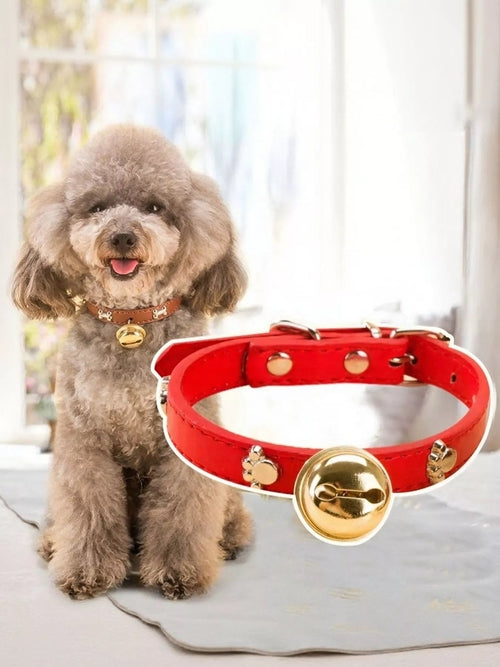 Leather Pet Collar with Bell - size and feature view