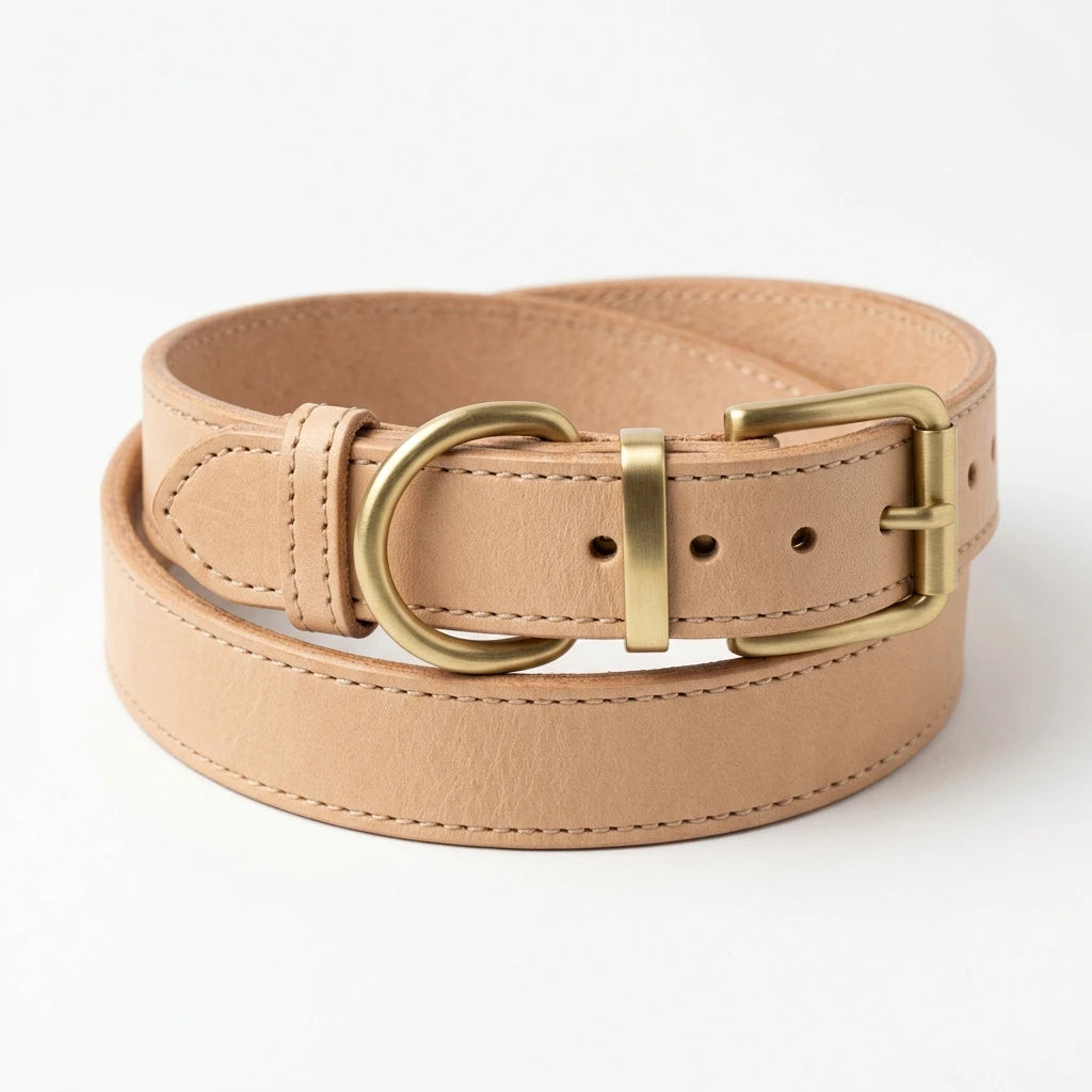 Heritage natural leather dog collar with brass hardware on white background