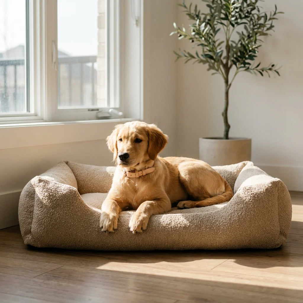Golden retriever puppy resting on the Cloud Bouclé Pet Bed in a sunlit living room