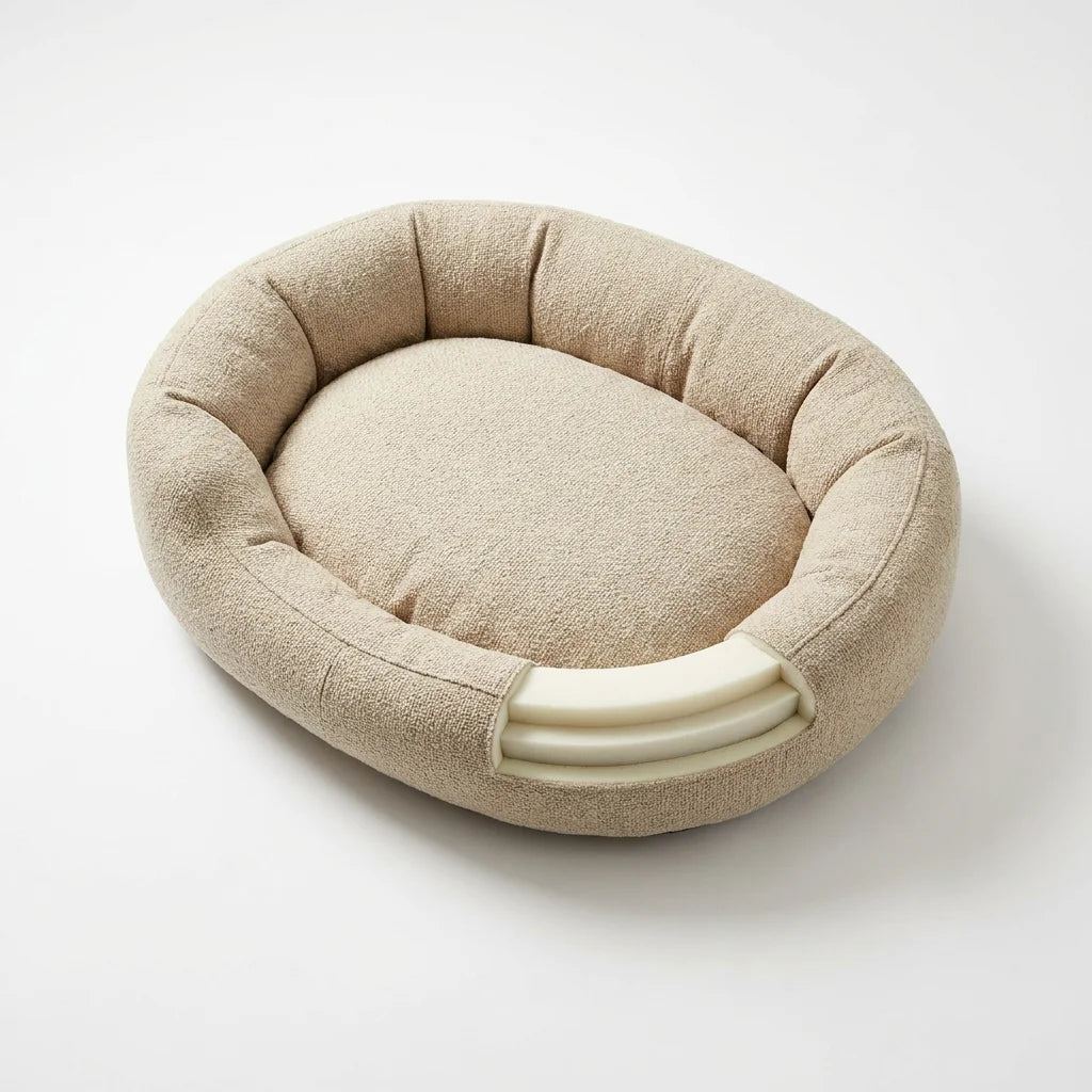 Modern beige bouclé memory foam pet bed on white background