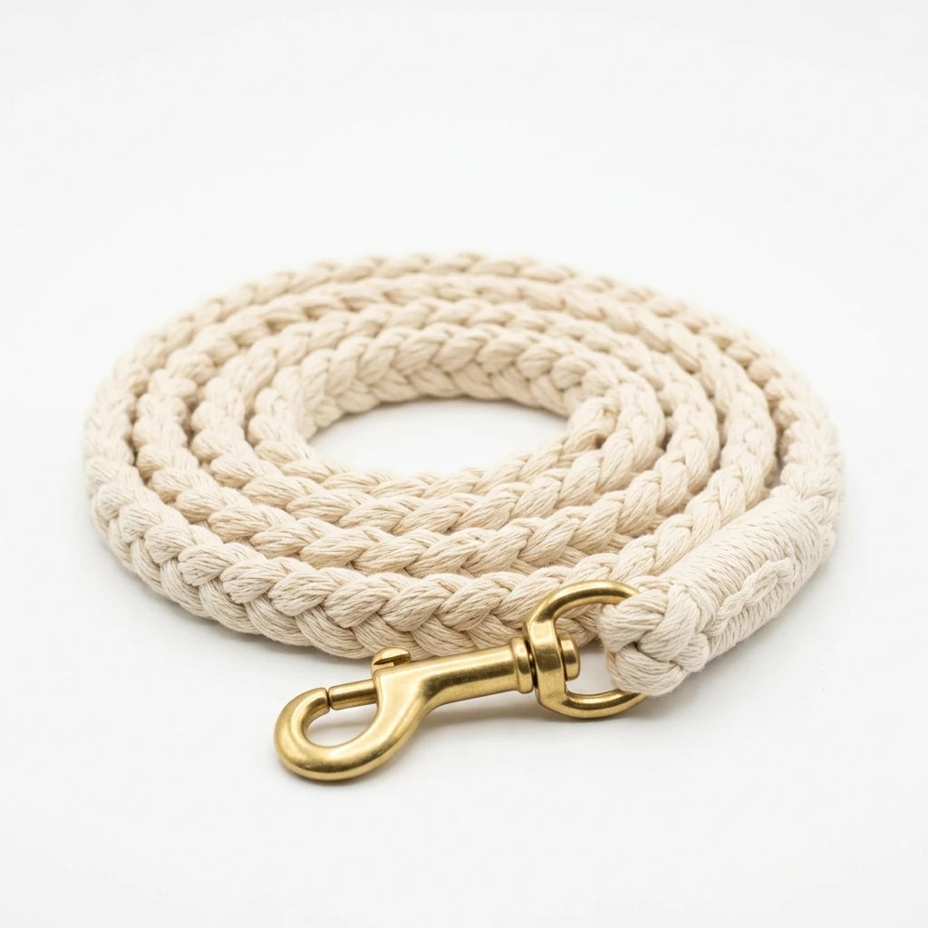 Hand-braided cream cotton dog leash with brass swivel snap hook on white background