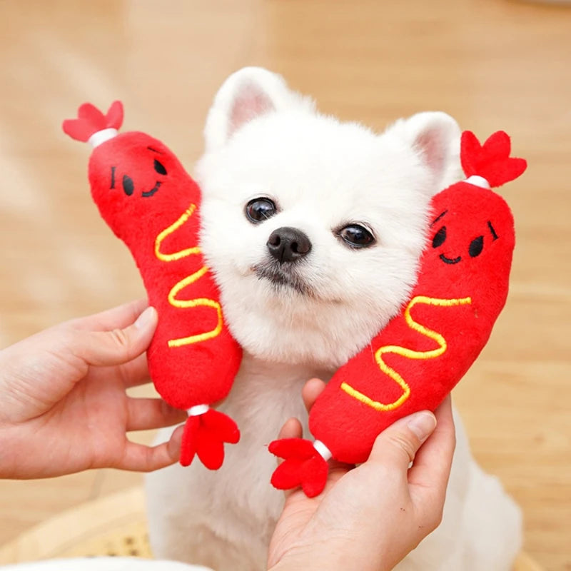 Squeaky Hot Dog Plush Toy for Dogs - in-use view