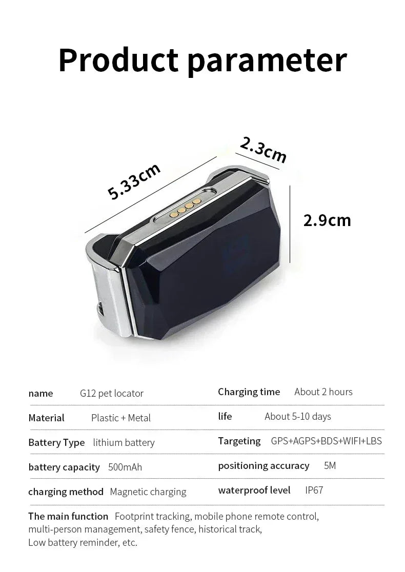 Mini Pet Location Tracker Collar - size and feature view