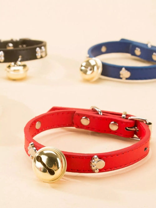 Leather Pet Collar with Bell - detail view