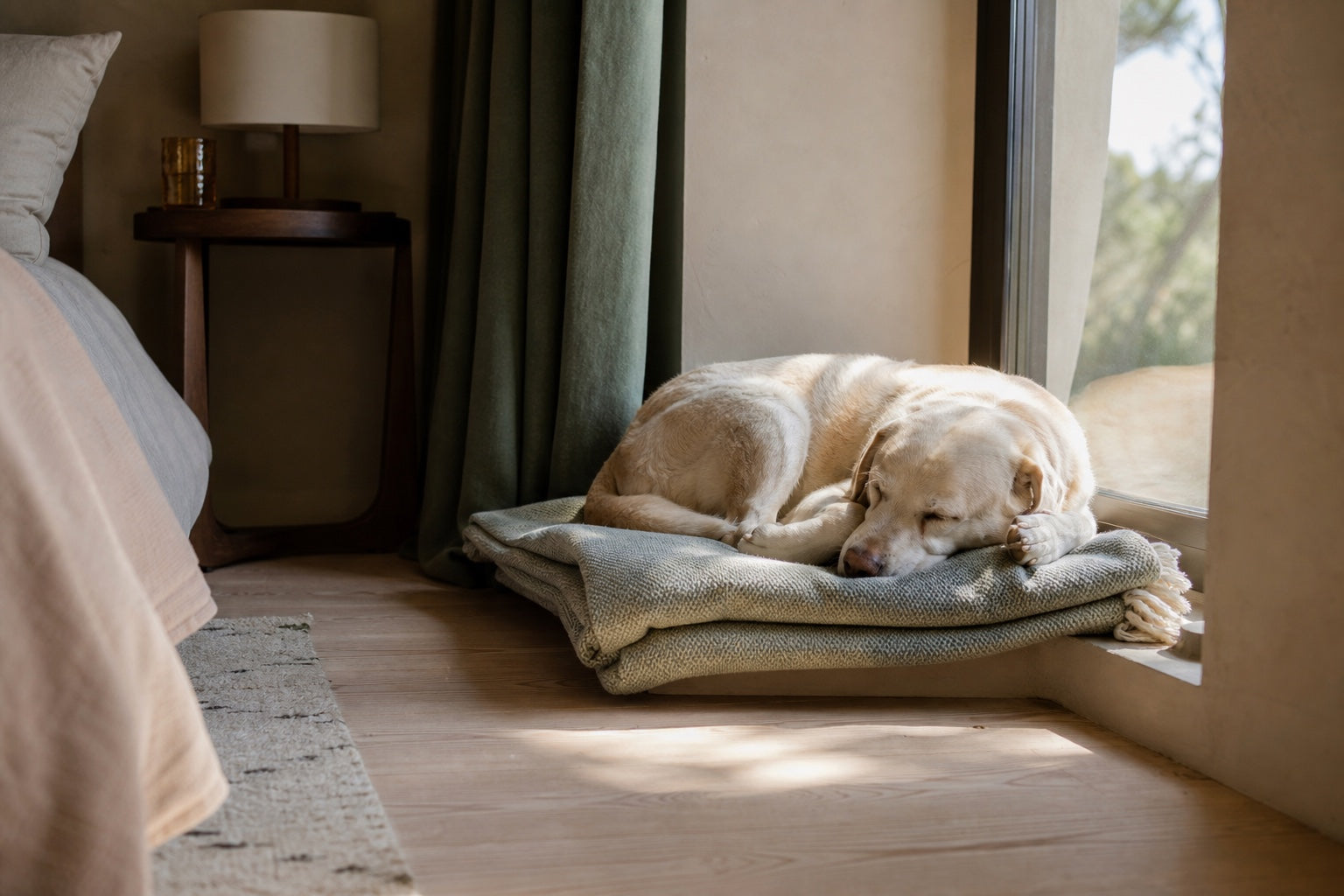 A cream-colored dog resting on folded blankets beside a sunlit window