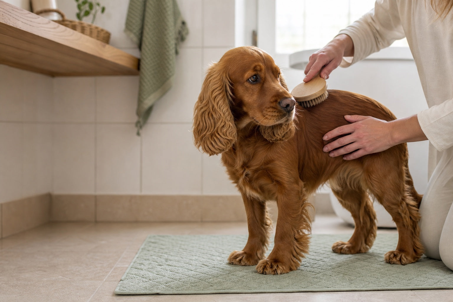 A spaniel being gently brushed during an everyday care routine at home