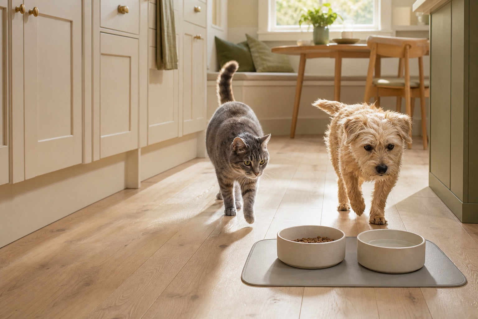 A cat and small dog approaching plain bowls in a sunlit home kitchen