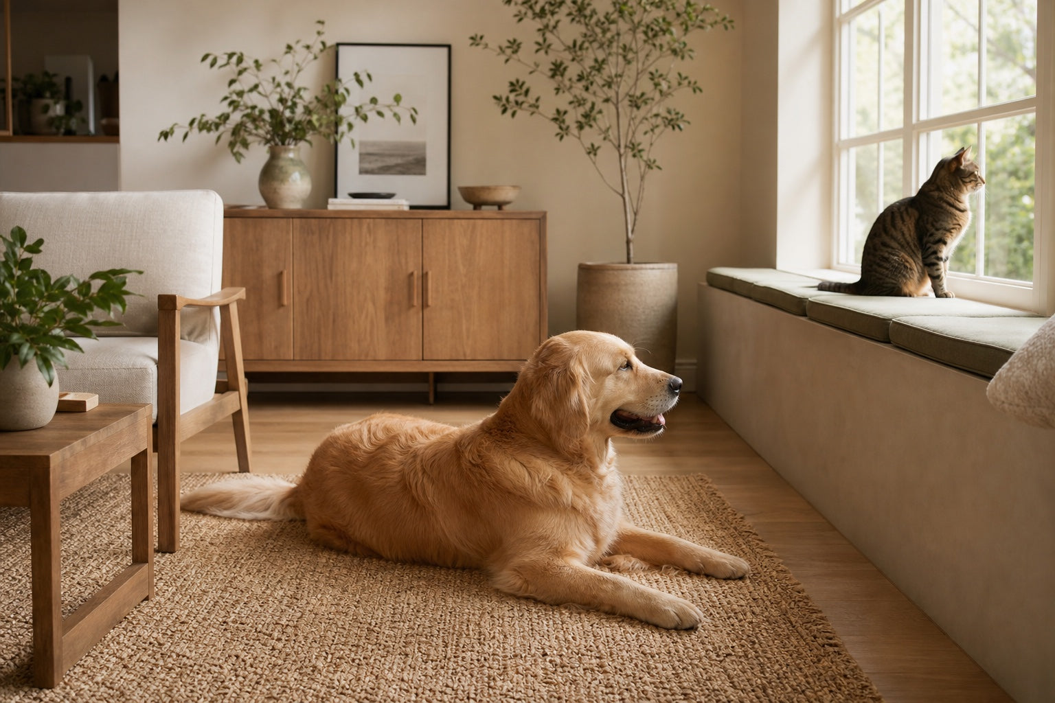 A golden retriever and tabby cat relaxing in a warm, sunlit home