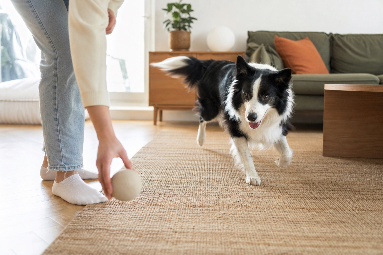 A border collie playing with its owner in a bright living room