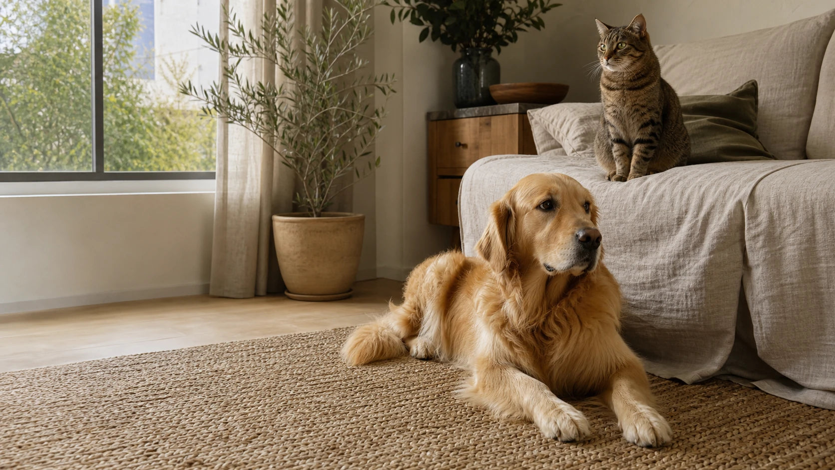 A golden retriever and tabby cat relaxing in a naturally lit living room