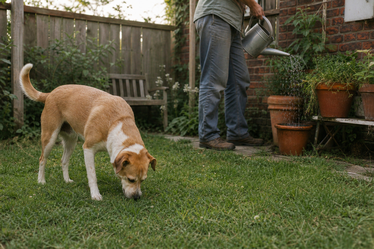 A tan and white dog sniffing grass while a person waters plants in a home garden