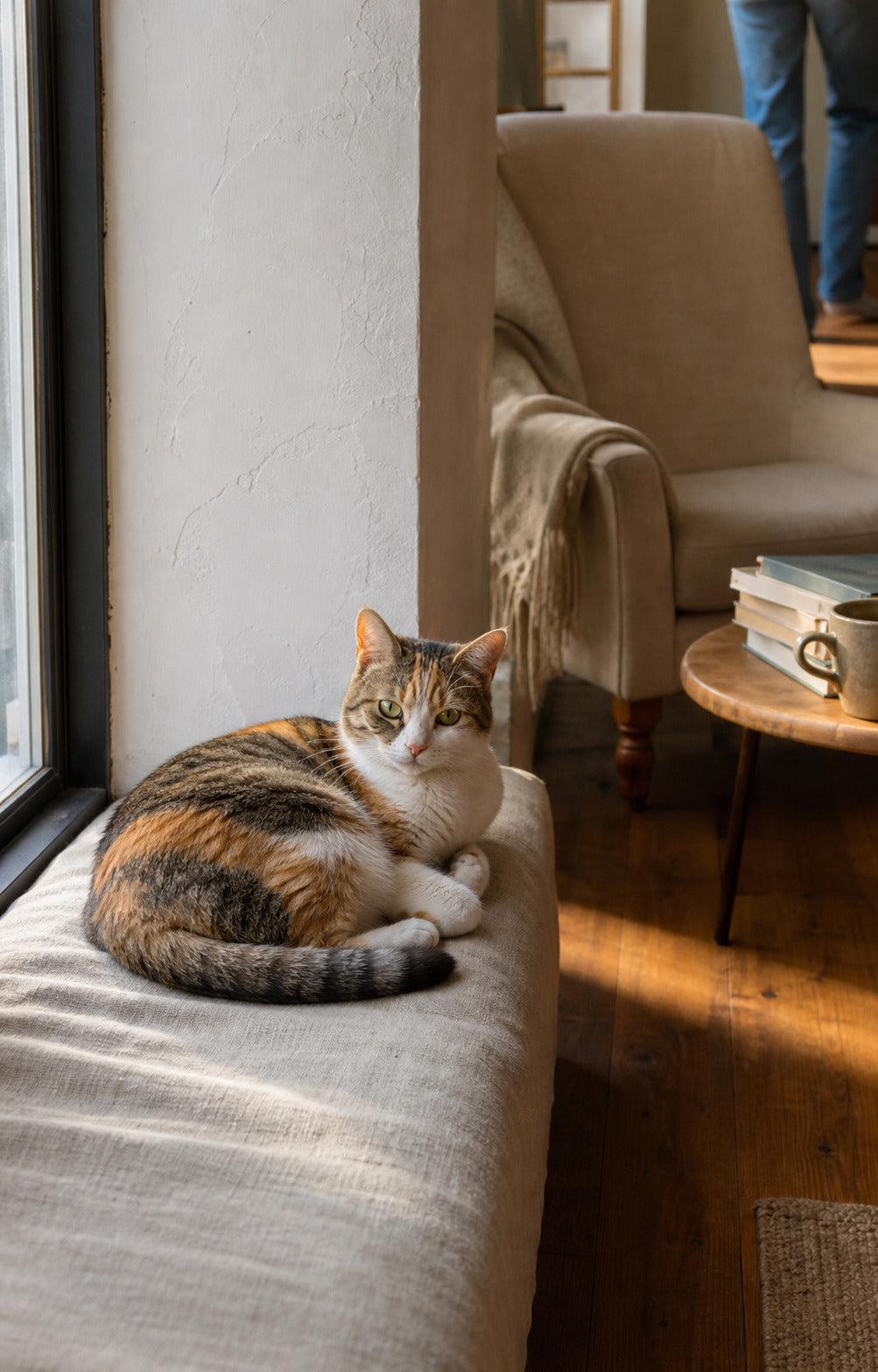 A calico cat resting by a sunlit window in a lived-in reading corner