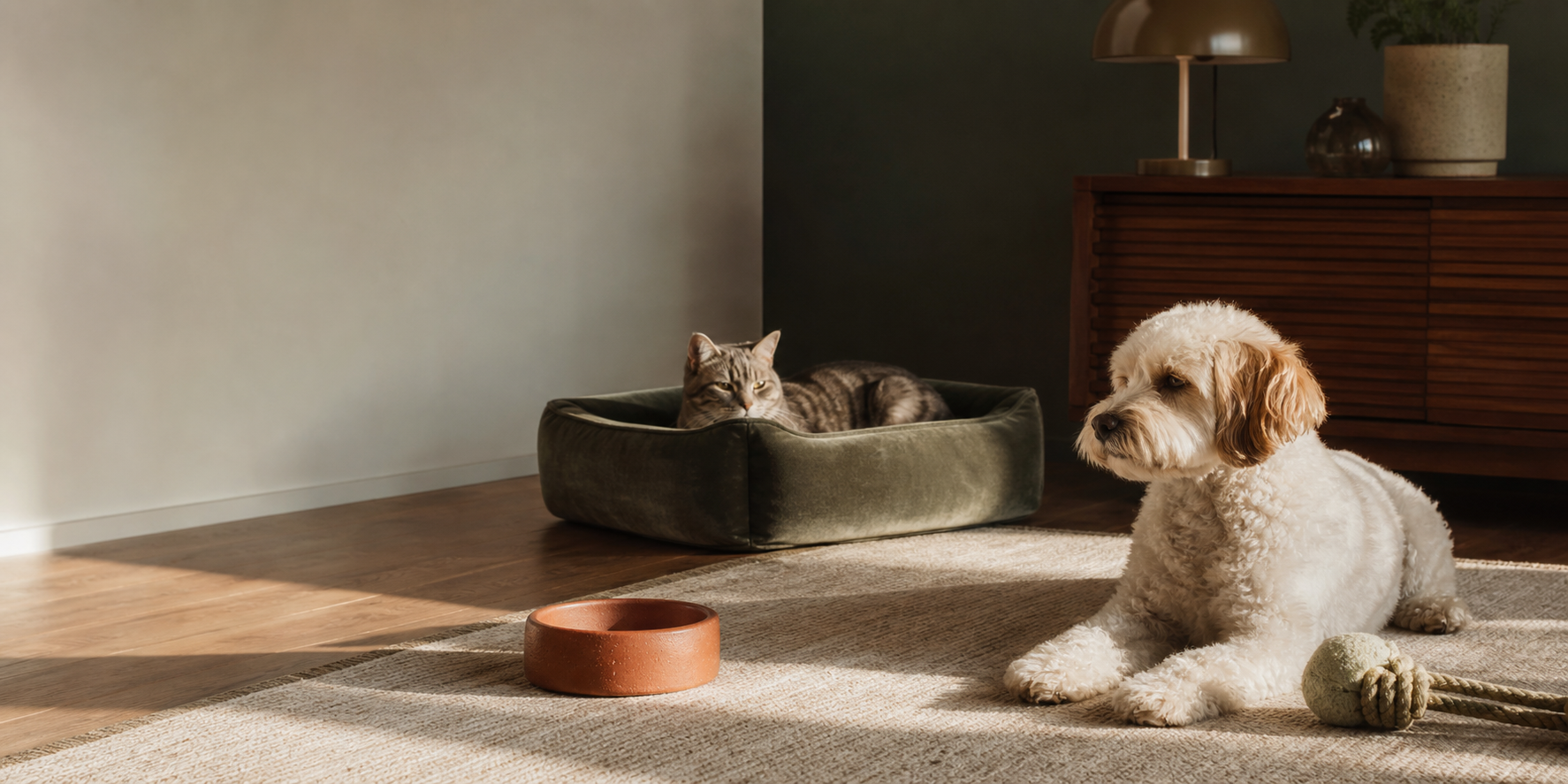 A refined home scene with calm pet essentials